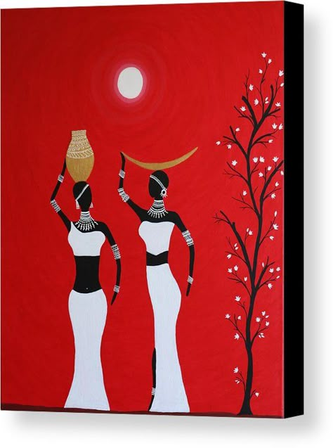 Tribe Canvas Print featuring the painting Tribal Art by Kalyani Zodey Black Canvas Krishna Paintings, Kathak Canvas Painting, Warli Dance Painting, Radha Krishna Modern Art Paintings Canvas, Bharatnatyam Painting On Canvas, Worli Painting, African Paintings, Afrique Art, Afrikaanse Kunst