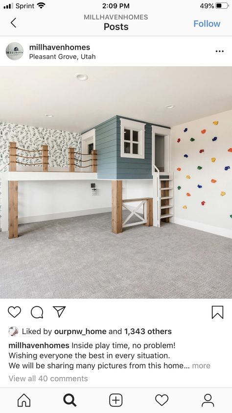 Playroom Sloped Ceiling, Playroom Design Wallpaper, Playroom Modern Decor, Playroom Over Garage, Playroom And School Room, Cheap Playroom Makeover, Playroom Building Ideas, Playroom Addition Plans, Playroom Organization Storage Cabinets