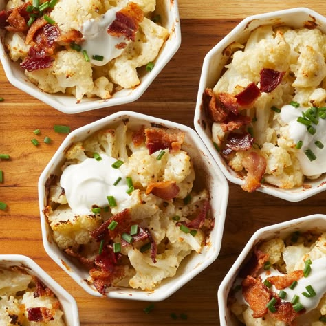 Mini Loaded Cauliflower Casseroles Mini Casseroles Dish Recipes, Cocotte Recipes, Mini Casserole Dish Recipes, Mini Casseroles Recipes, Loaded Cauliflower Casserole, Cauliflower Casserole Recipes, Mini Casseroles, Loaded Cauliflower, Easy Breakfast Brunch