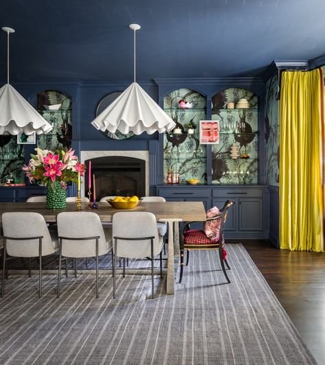 Bold Dining Room, Conversation Room, Sophisticated Dining Room, Barndo Ideas, Door Decoration Ideas, Painted Ceilings, Dramatic Walls, Blue Sectional, Eclectic Dining