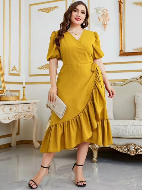 Yellow Elegant  Short Sleeve Polyester Plain A Line Embellished Non-Stretch Spring/Summer Plus Size Dresses Style Bleu, Maxi Design, Fancy Frocks, Fancy Gowns, Halloween Costume Outfits, Popular Fashion, Curvy Dress, Fashion Dresses Casual, Fall Fashion Outfits