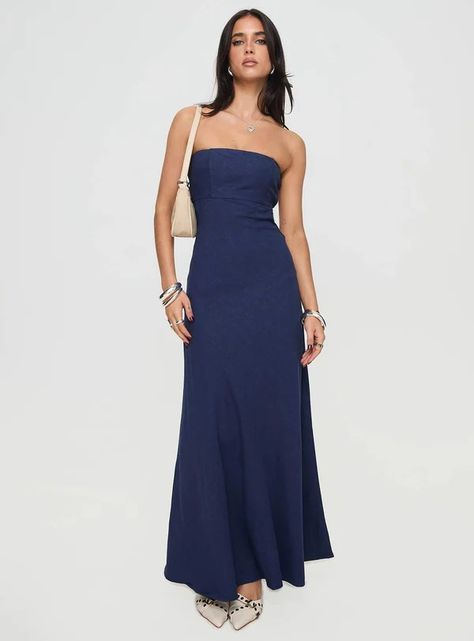 DRESS | Princess Polly AUS Unique Simple Prom Dress, Semi Formal Navy Blue Dress, Blue Satin Floral Dress, Navy Blue Dress Graduation, June Wedding Dresses Guest, Casual Floor Length Dress, Strapless Navy Prom Dress, Timeless Maxi Dress, Blue Strapless Maxi Dress