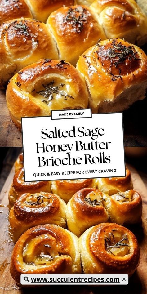 Warm, golden, and soft, these homemade Salted Sage Honey Butter Brioche Rolls are the perfect addition to any meal with their sweet and savory flavors. Sage Rolls, Homemade Brioche, Brioche Rolls, Diy Snacks, Bun Recipe, Brioche Buns, Honey Butter, Bakery Recipes, Rolls Recipe