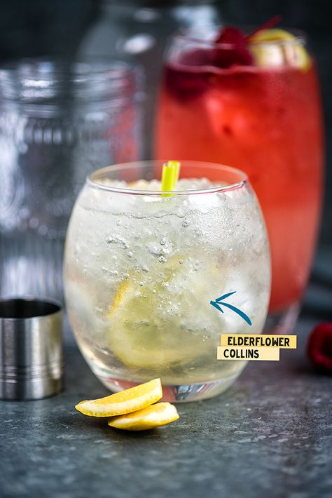 Elderflower Collins, Gin Based Cocktails, Elderflower Cocktail, Cocktail Drink Recipes, Collins Cocktail, Gin Drinks, Gin Cocktail, Creative Cocktail, Cocktail Drink