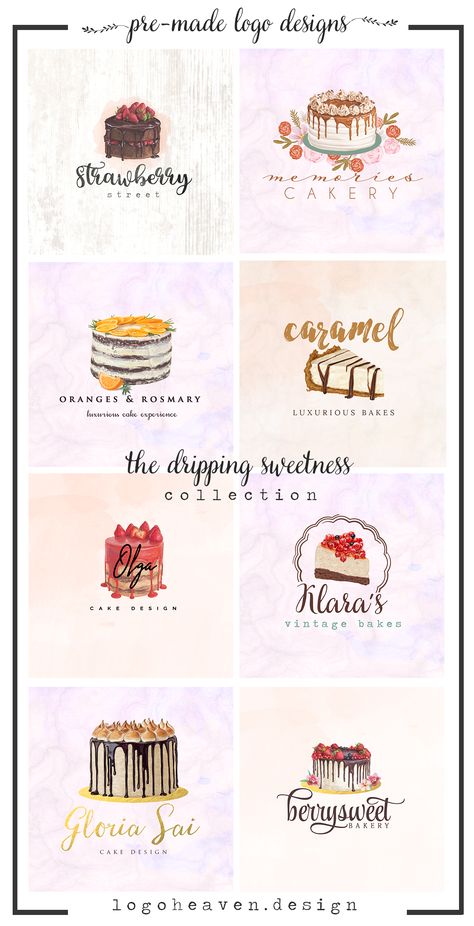 The Dripping Sweetness Collection ~ Beautiful Cakery Bakery Pre-made Logo designs Bakery Slogans, Pastry Logo, Cake Boxes Packaging, Cake Business Cards, Bakery Names, Dessert Logo, Shop Name Ideas, Logo Cake, Cupcake Logo