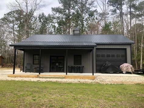 Modern Steel Building, Detached Metal Garage Ideas, Gray Metal Building, Barn Shop Ideas, Pole Building Garage, Steel Garage Buildings, Barn Garage Plans, Pole Barn Shop, Equine Barns