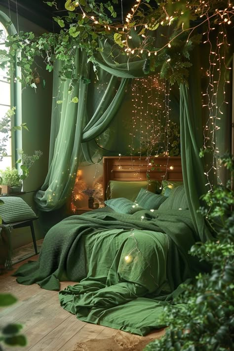 29 Green Boho Bedroom Ideas 5 Boho Witchy Bedroom, Witchy Bedroom Ideas, Forest Themed Bedroom, Forest Bedroom, Boho Bedroom Design, Earthy Bedroom, Boho Bedroom Ideas, Bedroom Ambiance, Bohemian Bedroom Decor