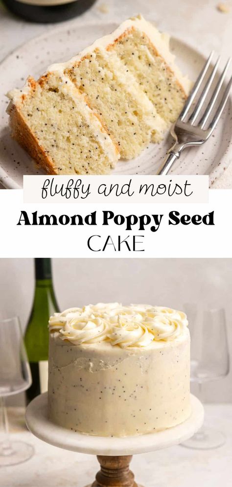 This 3-layer almond poppy seed cake is light and fluffy with crunch from poppy seeds, topped with rich and creamy almond buttercream. It's perfect for any celebration! Almond Poppyseed Loaf Cake, Almond Poppyseed Cake, Almond Poppy Seed Cake, Almond Buttercream, Cake Flour Substitute, Poppyseed Cake, Tall Cake, Seed Cake, Poppy Seed Cake