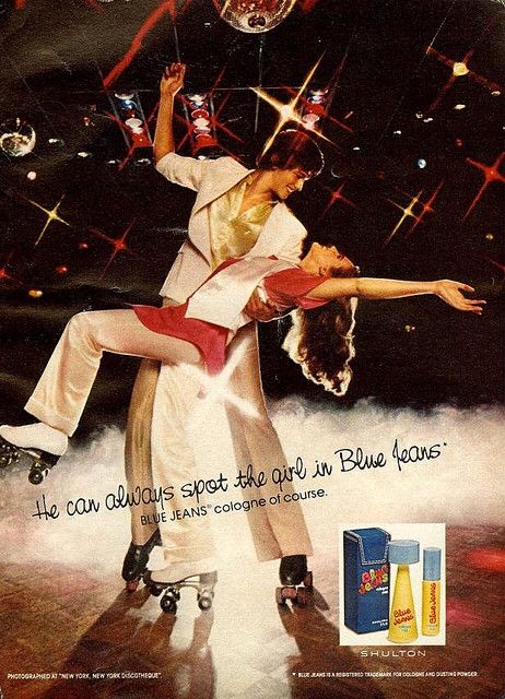 Blue Jeans    From Seventeen, December 1978 70s Roller Disco, Disco Roller Skating, Disco Aesthetic, Disco Style, Disco Fashion, Roller Disco, Disco Fever, Perfume Ad, Retro Beauty