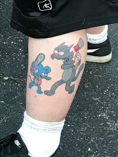 Itchy and scratchy color theory tattoo LombardIL artist Jimmy Munoz Itchy And Scratchy Tattoo, Zipper Tattoo, German Tattoo, Upper Leg Tattoos, Simpsons Tattoo, Sketch Style Tattoos, Birthday Tattoo, Old Tattoos, Tattoo Parlors