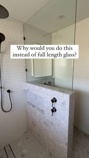 Half Glass Bathroom Door, Pony Wall Shower Niche, Wet Room With Pony Wall, Bathroom Pony Wall Ideas, Showers With Half Walls, Primary Shower Ideas, Shower With Half Wall And Glass Door, Half Shower Wall, Half Glass Shower Wall