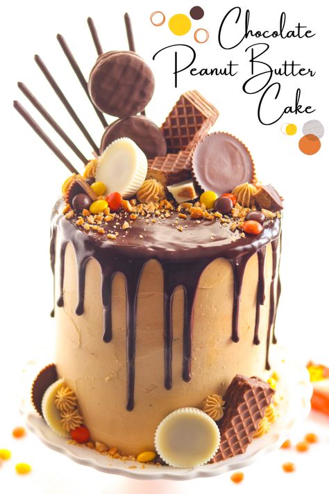 Candy Chocolate Cake, 6 Inch Birthday Cake For Him, Peanut Butter Cake Decorating, Peanut Butter Cake Decorating Ideas, Chocolate Fancy Cake, Peanut Butter Cake Ideas, Peanut Butter And Chocolate Cake, Choc Peanut Butter Cake, Chocolate And Peanut Butter Cake