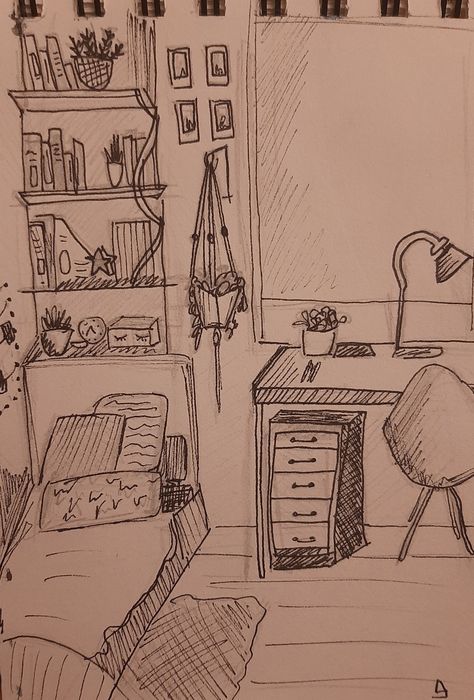 Bedroom Sketch Aesthetic, Rooms To Draw, Bedroom Sketch Drawings, Background Sketch Simple, Drawing Ideas Room, Room Sketch Drawing, Skechtbook Ideas Aesthetic Easy, Bedroom Doodle, Room Drawings Sketches