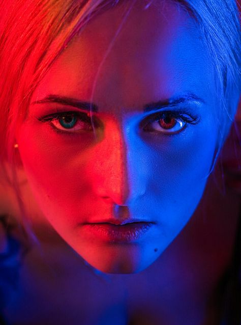 Contrast Photography Ideas At Home, Red Blue Light Photography, Colour Photography Portraits, Red And Blue Portrait, Color Light Photography, Photograph Reference, Color Photoshoot, Gel Photography, Night Photography Portrait