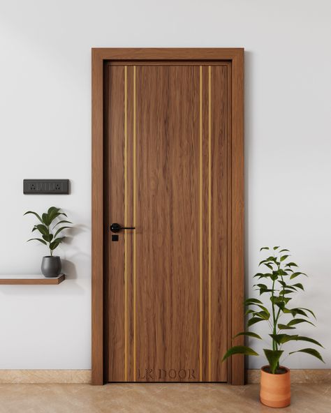 Veneer Door with Metal Inlay Experience modern elegance with this veneer door, beautifully inlaid with straight vertical metal strips. This design blends the warmth of wood with the sleekness of metal, creating a door that stands out with its contemporary style and sophistication. 🏠✨  Perfect for those who appreciate a refined and modern touch in their interiors.  📞 (+91) 8447141141 . . . #VeneerDoor #MetalInlay #ModernDesign #InteriorDesign #HomeDecor s #ContemporaryStyle #LKDoor Villa Main Door Design, Veneer Door Design Entrance, Veneer Door Design, Hardik Sharma, Exterior Door Styles, House Main Door, Gate Wall Design, House Main Door Design, Contemporary Front Doors