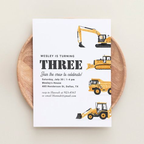 $2.92 | Construction Vehicles 3rd Birthday Party - construction birthday, birthday party, dump truck, excavator bulldozer backhoe, boy birthday, construction birthday invitation, dump everything, simple modern minimalist, construction vehicle, 3rd birthday Construction Site Birthday Party, Construction Birthday Invitations, 1st Birthday Party Invitations, Construction Vehicle, Construction Birthday Parties, 2nd Birthday Invitations, Birthday Party Invitation Templates, Boy Birthday Invitations, Construction Party