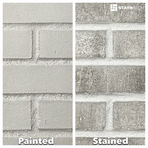 Painted Brick Veneer Exterior, Paint Grey Brick House Exterior, Painted Brick Interior Wall Grey, House Paint With Brick Exterior, White Siding With Grey Brick, White Brick With Gray Trim, Stained Brick Exterior Houses, Gray Wash Brick Exterior, Light Brick Stain