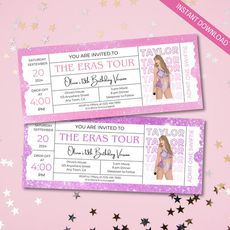 Celebrate in Style with our Taylor inspired Eras Tour Birthday Invitation! Transform your special day into an unforgettable event with our unique editable invitation designed to looks like a concert ticket. Perfect for Swifties of all ages, this invitation combines the excitement of a concert with the joy of a birthday celebration. Concert Ticket Invitation Birthday, Eras Birthday Invitation, Taylor Swift Eras Birthday Party, Swiftie Party, Eras Party, Party Invitation Design, Taylor Swift Birthday Party Ideas, Swift Party, Era Tour