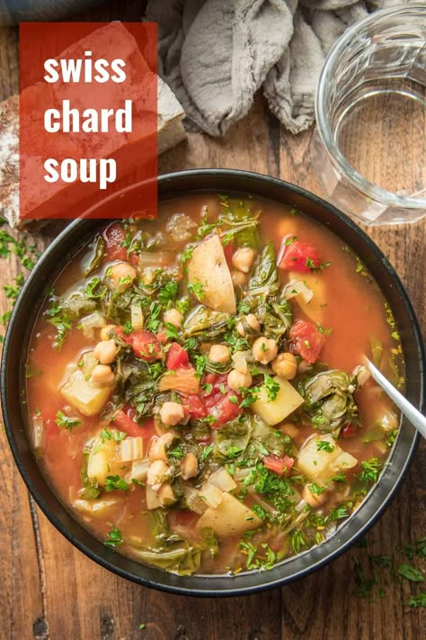 This cozy swiss chard soup is packed with healthy greens, hearty potatoes, and juicy tomatoes! It's comforting, delicious, vegan, and gluten-free! #swisschard #souprecipe #veganrecipes Swiss Chard Soup, Chard Soup, Yellow Split Pea, Soup With Potatoes, Yellow Split Pea Soup, Swiss Chard Recipes, Healthy Greens, Plant Based Soups, Chard Recipes