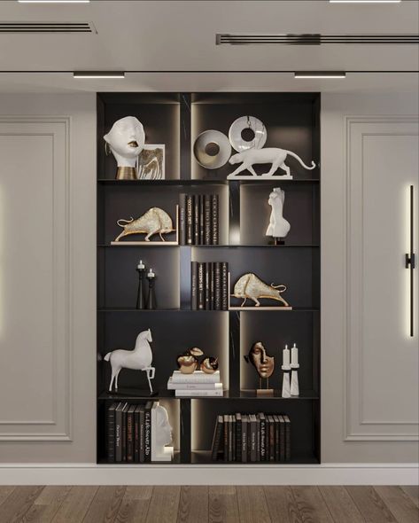 Display Cabinet Design Modern Luxury, Built In Display Cabinet Design Modern, Modern Luxury Bookcase, Luxury Shelf Decor, Show Case Design Shelves, Luxury Bookcase Design, Wall Shelf Decor Living Room, Glam Bookshelf, Modern Shelving Design