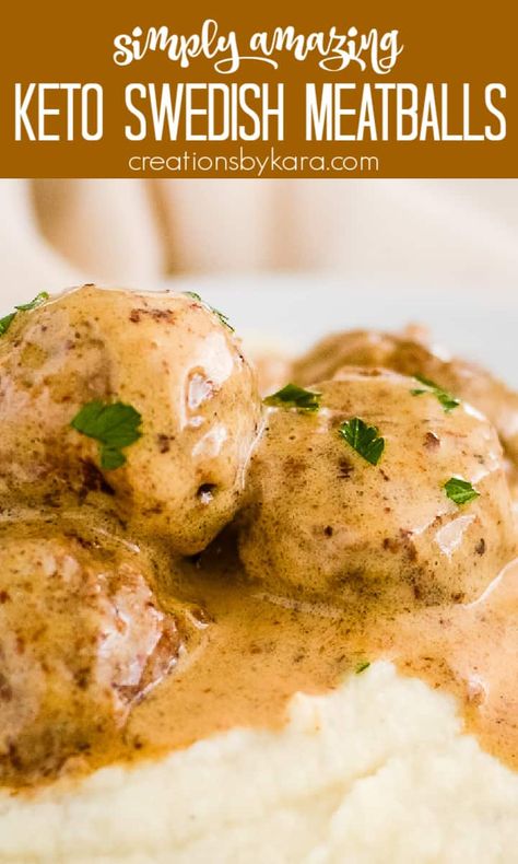 Swedish Keto Meatballs - Tender meatballs in an amazing creamy low carb sauce. Made in one pan, and only 3 carbs per serving. A family friendly keto dinner any night of the week! #ketomeatballs #ketoswedishmeatballs #ketogroundbeefrecipe #ketodinnerrecipe -Creations by Kara Keto Swedish Meatballs, Swedish Meatballs Recipe, Keto Meatballs, Tender Meatballs, Meatball Dinner, Low Carb Meatballs, Keto Sauces, Low Carb Low Fat Recipes, Savory Meals