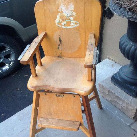 Old Wooden Baby High Chair- What to Do? Old High Chair Repurpose Ideas, Wood Highchair Makeover, Vintage High Chair Decor, Old Wooden Highchair Ideas, Painted High Chairs Vintage, Painted High Chairs, Wooden Baby Crib, Wooden Baby High Chair, Wood High Chairs