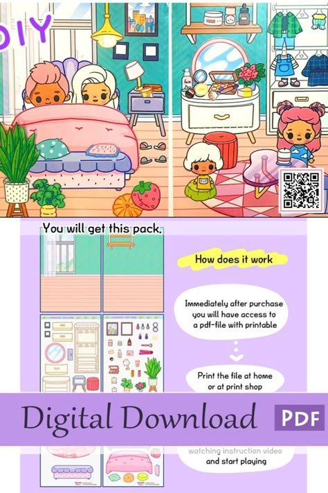 Paper Quiet Book, Bedroom For Kids, Book Bedroom, Free Printable Paper Dolls, Printable Toys, Quiet Book Templates, Family Bedroom, Hello Kitty House, Paper Dolls Clothing