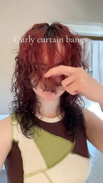 Strawberry_notshortcake on Instagram: "No matter what people say I’ll always love curly curtain bangs . . . . #fy #fyp #fypage #explore #explorepage #ep • #curly #curls #curlywolfcut #curlybangs #curlycurtainbangs #curtainbangs #wolfcut #tutorial #curtainbangstutorial #curlyhair #curlyhairstyles #hair #haircut #cut #chop #redhair #redcurls #redcurlyhair" Curly Wolfcut Tutorial, Curly Bangs Haircut Tutorial, Curtain Bangs Curly Hair Tutorial, Curly Hair Bangs Tutorial, How To Cut Curtain Bangs Curly Hair, Short Curly Curtain Bangs, Curly Curtain Bangs Round Face, Wolfcut On Curly Hair, Curtain Bangs Curly Hair Natural Curls