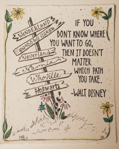 If you don't know where you want to go, then it doesn't matter which path you take. #quote @quotlr Hogwarts Sign, Walt Disney Quotes, Alice And Wonderland Quotes, Wonderland Quotes, It Doesn't Matter, Quotes Disney, Ink Illustration, Deco Art, Captain Hook