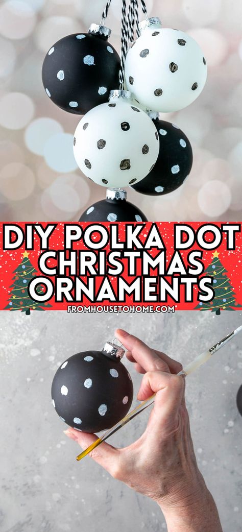 diy polka dot Christmas ornaments Dot Christmas Ornaments, Black And White Christmas Ornaments, Christmas Pictures With Lights, Christmas Tree Colour Scheme, White Xmas Tree, Polka Dot Christmas, Xmas Balls, Glam Christmas Decor, Black And White Christmas