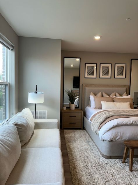 Bedroom And Lounge In One Room, Small Master Remodel, Modern Gray Bedroom Ideas, Room Inspo For Couples, Small Couples Bedroom Ideas, Boyfriend And Girlfriend Bedroom Ideas, Tan Comforter Bedroom Ideas, Bedroom Ideas With Black Bed Frame, Townhome Decorating Townhouse Ideas