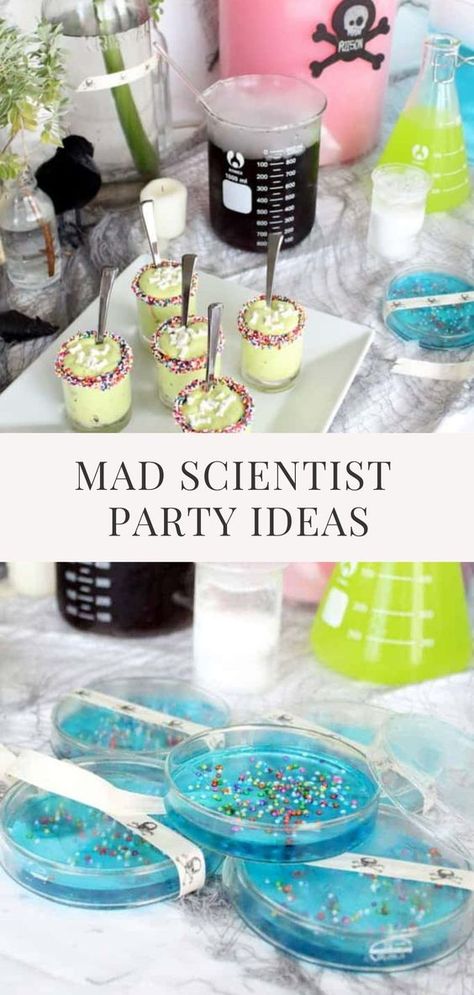 Step into the lab and prepare for an unforgettable night as we reveal the secrets from our scary spooky Halloween Mad Scientist party that was filled with crazy DIY’s and gooey recipes. #madscientistparty #madscienceparty #madsciencebirthdayparty #halloweenparty #halloween #partyideas Mad Scientist Cake Ideas, Mad Scientist Halloween Party Food, Mad Scientist Birthday Party Ideas, Mad Scientist Food Ideas, Mad Scientist Day At School, Science Theme Food, Diy Mad Scientist Lab, Mad Scientist Lab Decorations, Mad Scientist Party Favors