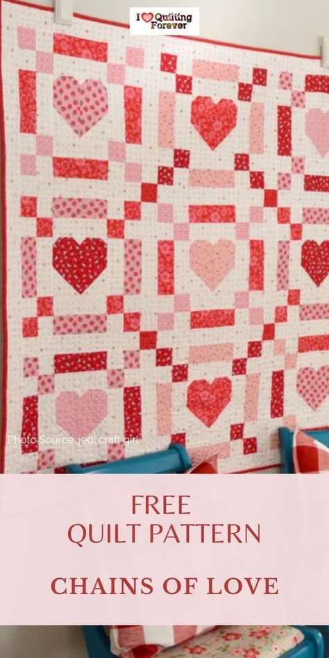 Get your Free Chains of Love Quilt Tutorial here. 400+ Free Quilt Patterns for Beginner & Expert. All Quilters can get inspired! Quilts With Hearts Patterns, Free Heart Quilt Patterns, Basic Quilt Patterns, Free Quilt Patterns Printables, Beginner Quilt Patterns Free, Valentine Quilts, Quilt Instructions, Strip Quilt Patterns, Love Quilt