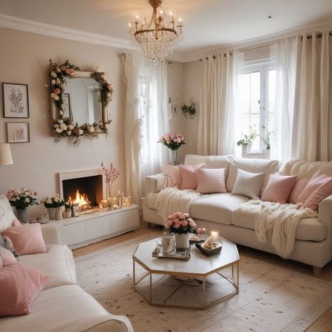 Girl House Aesthetic, Cat Living Room Ideas, Pink And White Apartment, Living Room Coquette, Pink Vintage House, Small Living Room Ideas With Fireplace, Pink And White Living Room, Coquette Living Room, Living Room Ideas Aesthetic