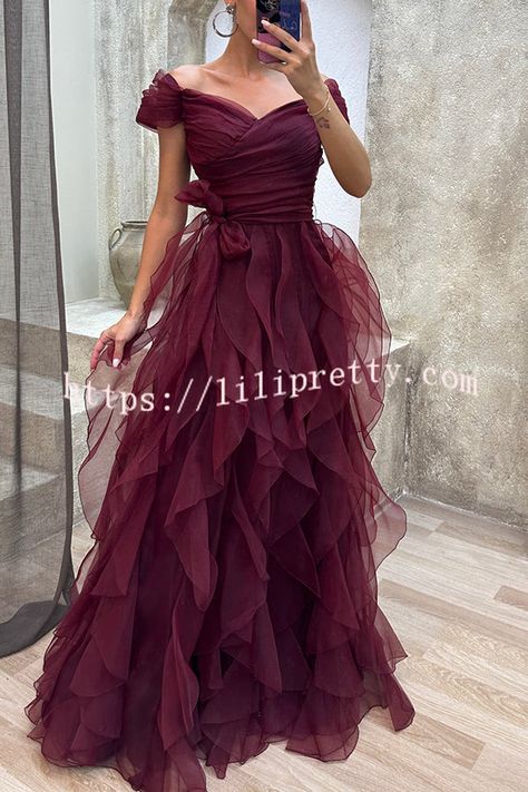 Pretty First Impression Tulle Off Shoulder Tiered Ruffle Evening Maxi Evening Maxi Dress, Tulle Sleeves, Evening Dresses With Sleeves, Dress Sleeve Styles, Off Shoulder Fashion, Custom Size Dresses, Style Party, Maxi Dress Evening, Long Prom Dress