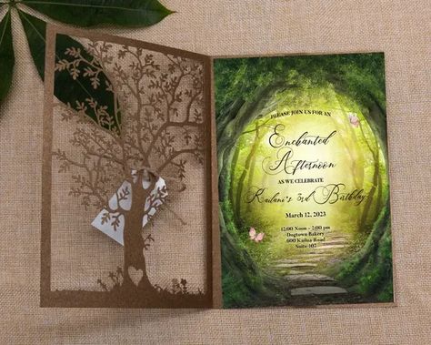 Enchanted Forest Laser Cut Tree Quinceanera Invitation, Rustic Wedding Invitation Suite, Country Bohemian Wedding Fantasy Forest Wedding, Enchanted Forest Quinceanera, Laser Cut Tree, Forest Invitation, Velvet Invitation, Forest Wedding Invitations, Enchanted Forest Theme, Invitations Quinceanera, Tree Wedding Invitations