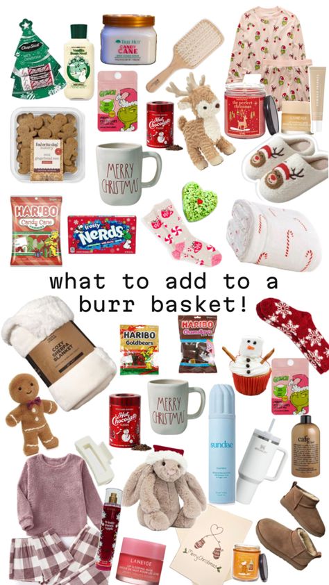 christmas burr basket ideas!! Boo Basket Ideas Christmas, Christmas Friend Basket, Brrr Basket Ideas Christmas, Cute Brrr Basket, Christmas Presents Ideas For Best Friend, Brr Basket Ideas Christmas, Christmas Boo Basket Ideas, Mini Christmas Baskets Diy Gifts, Bur Basket Ideas For Best Friend