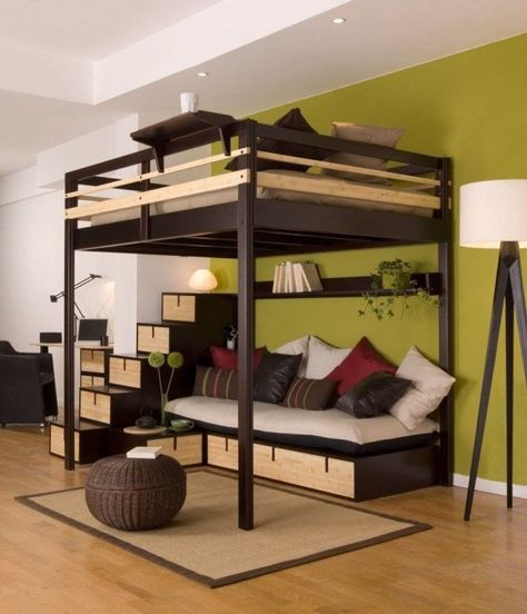 lit mezzanine deux places avec canapé Adult Loft Bed, Cool Loft Beds, Queen Loft Beds, Loft Beds For Small Rooms, Beds For Small Rooms, Loft Bed Plans, Diy Loft Bed, Modern Bunk Beds, Beds For Small Spaces