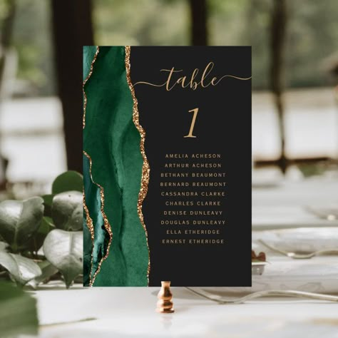 Emerald Green Gold Agate Dark Wedding Table Number Teal And Black Wedding, Deep Purple Wedding, Purple Wedding Tables, Word Table, Modern Wedding Table, Teal Watercolor, Wedding Wishlist, Table Number Card, Emerald Green Wedding