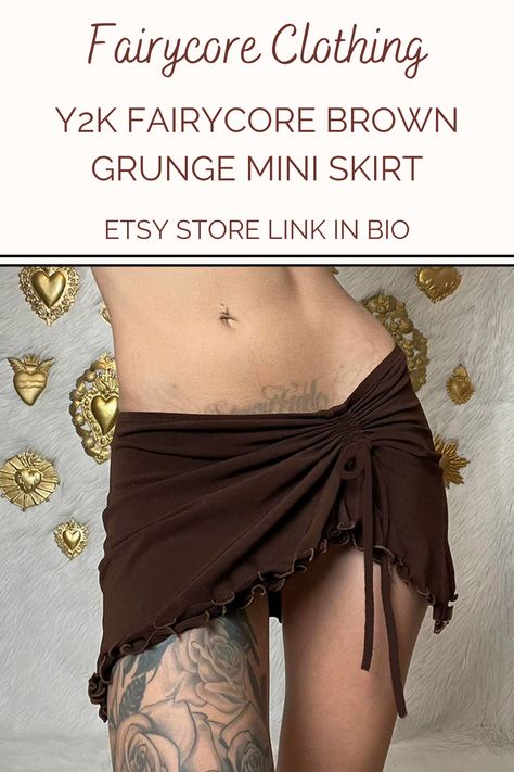 Y2K Fairycore Brown Mini Skirt, Retro Ruched Drawstring Pencil Skirts, Fairycore // Grunge // Dark Academia Chic Clothing Grunge Mini Skirt, Academia Chic, Fairycore Clothing, Grunge Dark Academia, Brown Grunge, Rave Clothes, Brown Mini Skirt, Fairycore Grunge, Y2k Fairycore