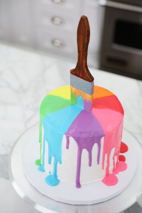 DIY Rainbow Paint Drip Cake Gökkuşaği Pasta, Art Party Cakes, Three Layer Cake, Art Birthday Cake, Cake Rainbow, Artist Cake, White Cake Recipe, Painting Birthday, White Chocolate Ganache