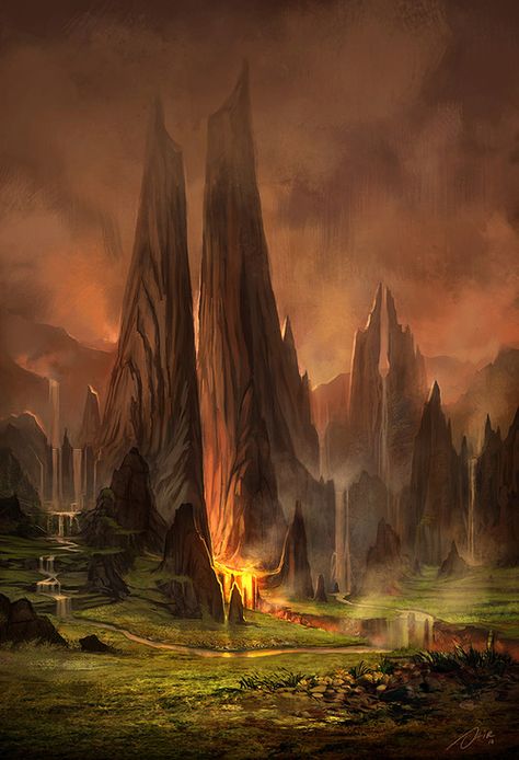 "Volcanic Environment" - Jeremy Fenske Jeremy Fenske, 다크 판타지, World Of Fantasy, Fantasy City, Fantasy Setting, Fantasy Places, Landscape Scenery, Fantasy Art Landscapes, Fantasy Concept Art