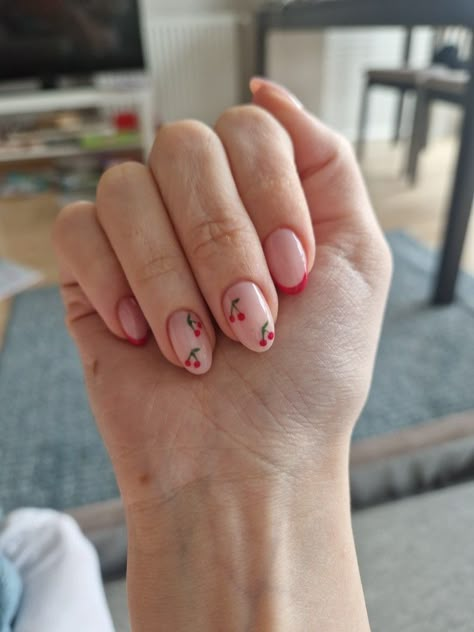 Minimalist Nail Art For Short Nails, Pink With Cherry Nails, Short Almond Nails Cherry, Gel Nail Designs Cherry, Nails With Cherries Art Designs, Cherry On Nails Design, Purple Cherry Nails, Short Nails Ideas Cherry, Cherry Nail Art Short