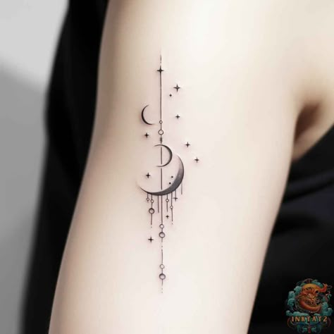 Shining Bright: Exploring the Feminine Power of Moon and Stars Tattoos: 50 Designs - inktat2.com Tato Idea, Moon Tattoos For Women, Henna Moon, Phase Tattoo, Feminine Cross Tattoo, Moon Star Tattoo, Thistle Tattoo, Tato Minimal, Feminine Body