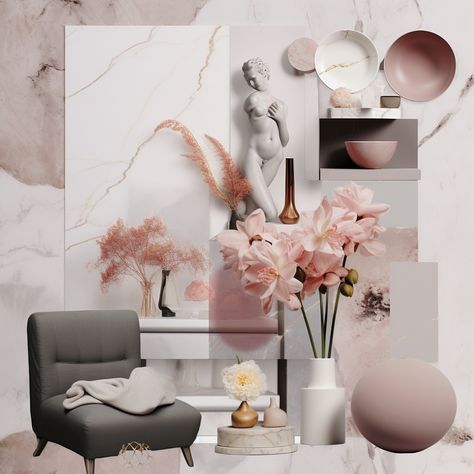 Pink mood board for interior design Mood Board For Interior Design, Art Deco Mood Board, Pink Mood Board, Ideas Salon, Interior Design Portfolio Layout, Interior Design Color Schemes, Lee Sin, Materials Board Interior Design, Color Palette Living Room