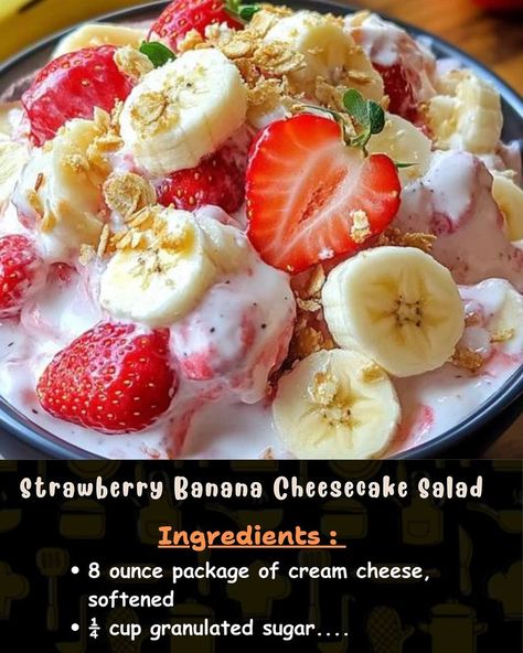 Ingredients: 8 oz package of cream cheese, softened ¼ cup granulated sugar 1 teaspoon pure vanilla extract... Strawberry Banana Cheesecake Salad, Strawberry Cheesecake Salad, Strawberries And Bananas, Cheesecake Salad, Banana Cheesecake, Holiday Desserts Table, Festive Desserts, Christmas Cake Recipes, Pure Vanilla