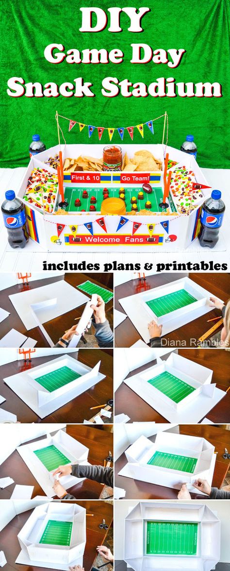 DIY Super Bowl Football Snack Stadium - Includes plans and free printables to decorate the stadium. This snack stadium is really easy to make and can be reused. Great for all your game day parties! AD Food Stadium Superbowl, Easy Super Bowl Decorations, Football Themed Thanksgiving, Snack Football Stadium, Superball Party Ideas Football Food, Super Bowl Party Decorations Printables, Diy Football Stadium, Football Diy Crafts, Diy Snack Stadium