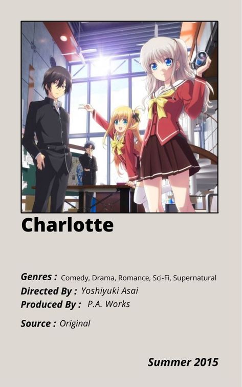 Charlotte Anime, Anime Minimalist Poster, Anime Shorts, Anime Suggestions, Anime Printables, Good Anime, Good Anime To Watch, Anime Titles, Anime Watch