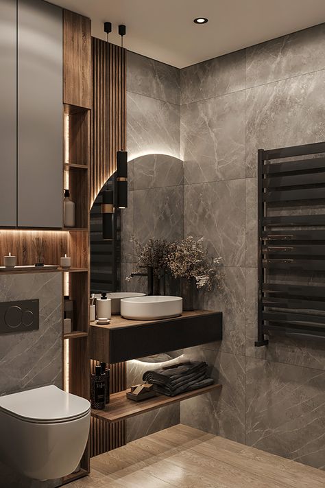 Loft style apartment :: Behance Dark Washroom Design, Half Bathroom Modern Ideas, Bathroom Dark Design, Small Lux Bathroom Ideas, Dark Colors Bathroom, Bathroom Remodel Moody, Beautiful Home Decor Ideas, Clever Bathroom Ideas, Bathroom With Dark Tile Floor