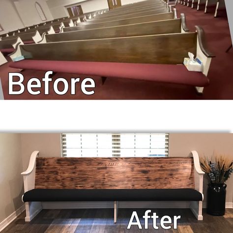 Front Porch Pew Bench, Pew Repurpose, Cabin Foyer, Reserved Pew Signs, Old Church Pews Ideas, Pew Makeover, Church Pew Ideas Repurposed, Church Pew Dining Room, Church Pews Repurposed